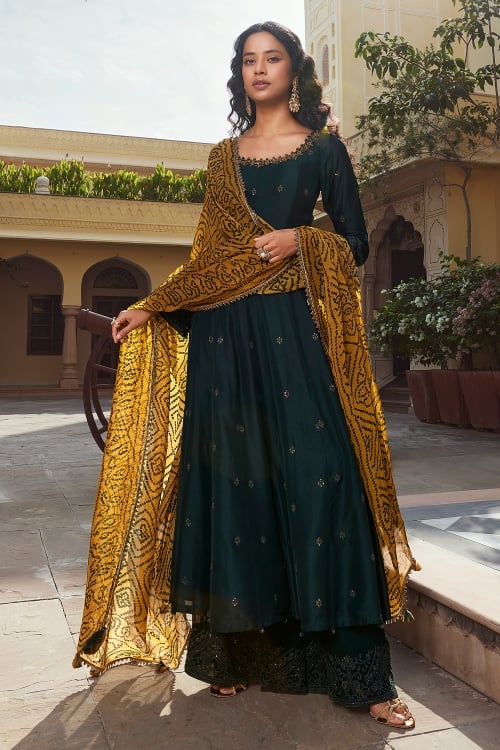 Bottle Green Silk Sequin Embroidery Anarkali Palazzo Suit