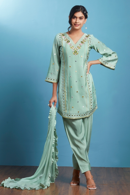 Muslin Mirror and Floral Embroidered Suit