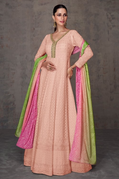 Lucknowi Embroidery Work Anarkali Suit in Georgette with Bandhej Print Dupatta