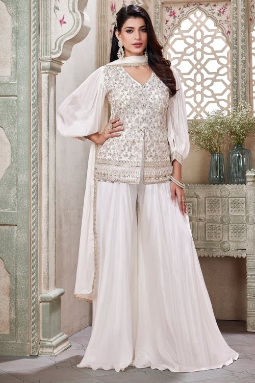 Pearl White Chinon Sequin Embroidered Balloon Sleeved Palazzo Set