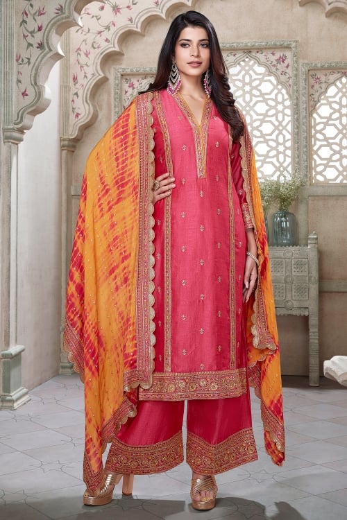 Pink Silk Straight Cut Palazzo Suit with Sequin Embroidery