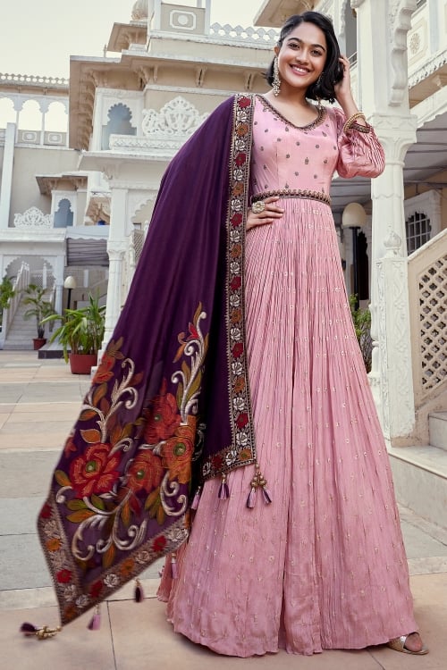 Baby Pink Chinon Pleated Woven Buttis Anarkali Suit