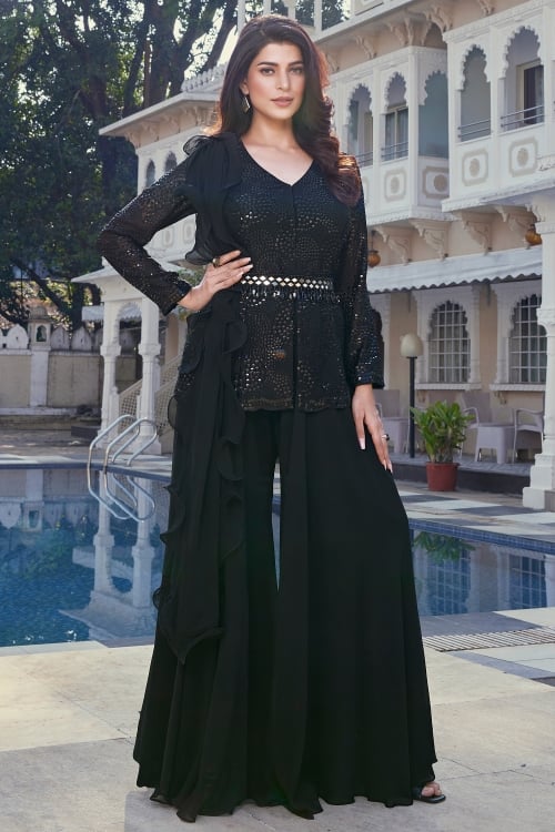 Black Georgette Sequin Worked Palazzo Suit