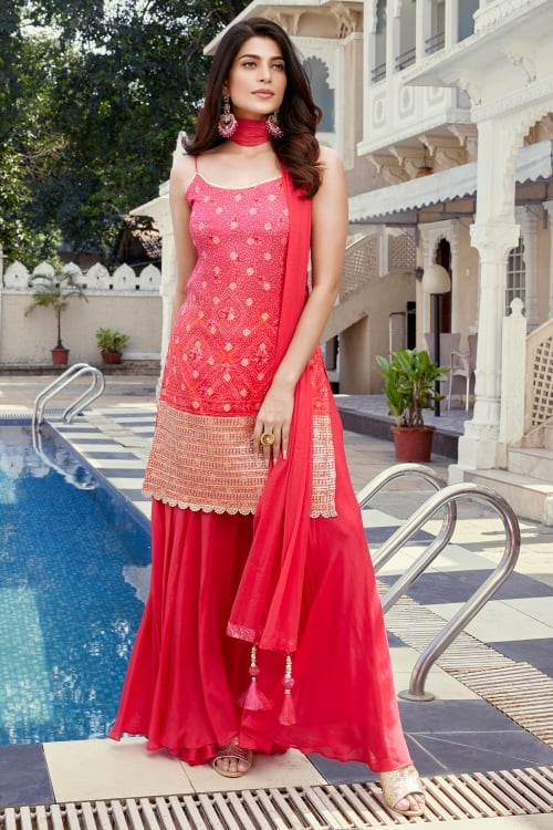 Pink Silk Bandhej Printed Palazzo Set with Sequin Embroidery