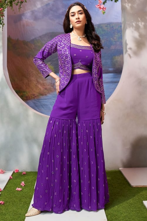 Royal Purple Georgette Cutdana Embellished Crop Top with Sharara and Short Jacket