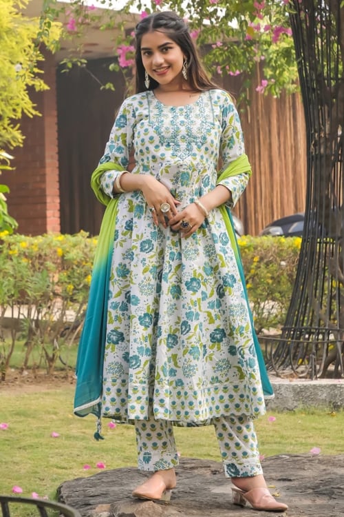 Off White Cotton Floral Printed Anarkali Suit