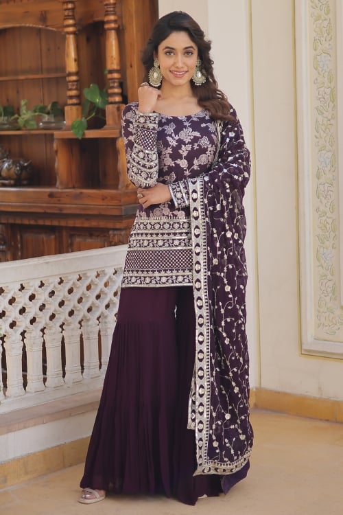 Georgette Floral Weave Sharara Suit with Sequin Embroidery