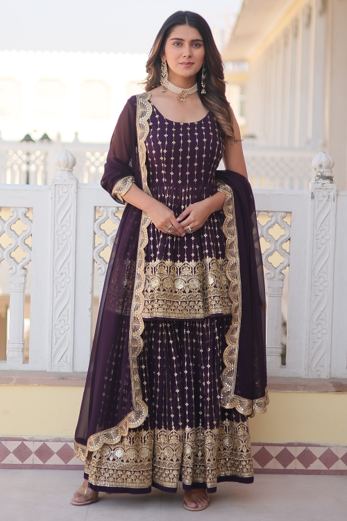 Georgette Sequin Embroidered Sharara Suit