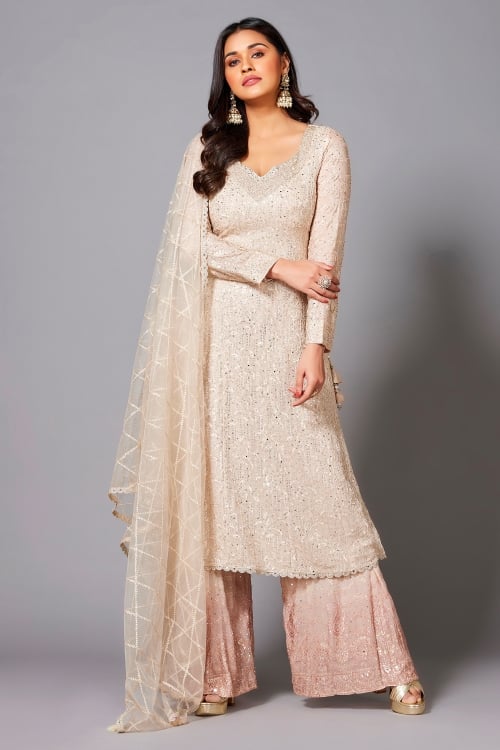 Light Peach Chinon Embroidery Sequin and Swarovski Worked Straight Cut Palazzo Suit