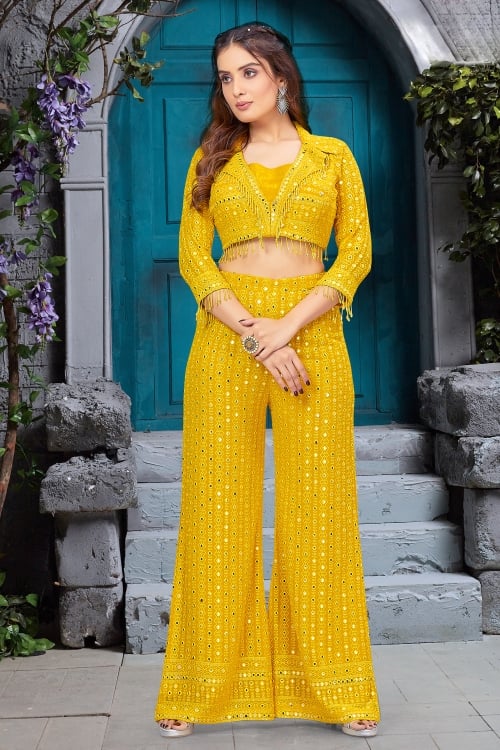 Yellow Applique Embroidered Crop Top Palzzo Set in Georgette
