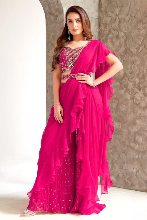 Pink Georgette Mirror Embroidered Crop Top Palazzo with Attached Ruffle Dupatta
