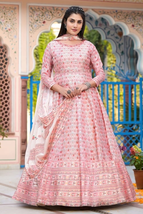 Off White and Light Pink Art Silk Digital Printed Anarkali Suit