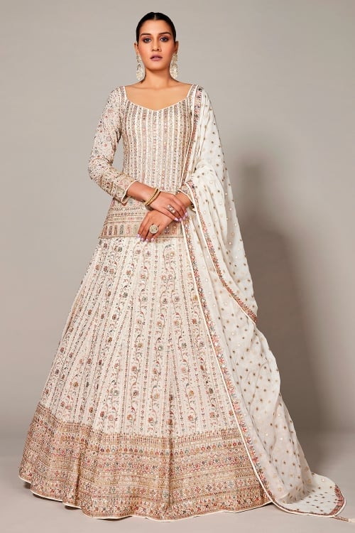 Off White Georgette Embroidered Top and Lehenga Set