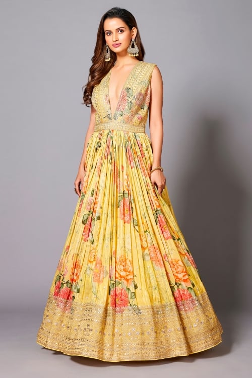 Yellow Chinon Floral Printed V Neckline Anarkali Suit with Sequin Embroidery Bodice and Border