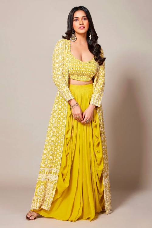 Yellow Georgette Mirror and Thread Embroidered Crop Top and Dhoti Skirt with Long Shrug
