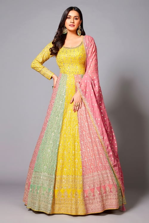Yellow and Multi Colored Georgette Mirror and Swarovski Worked Anarkali Suit