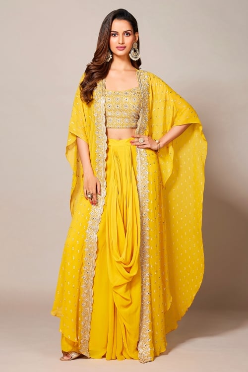 Yellow Georgette Mirror Embroidered Crop Top with Cowl Dhoti Skirt and Jacket
