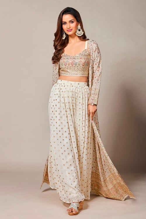 Pearl White Embroidered Mirror Worked Crop Top Palazzo with Long Shrug