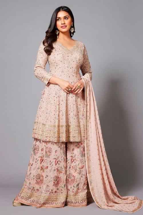 Light Pink Georgette Embroidered Designer Palazzo Suit
