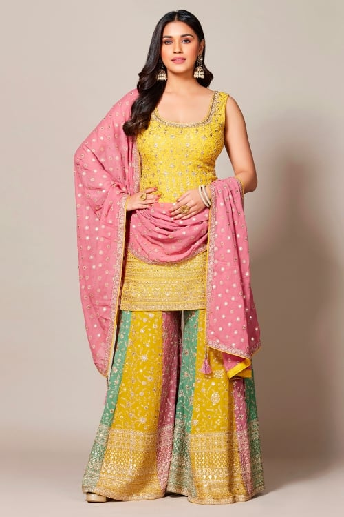 Yellow Georgette Sequin Embroidered Palazzo Suit