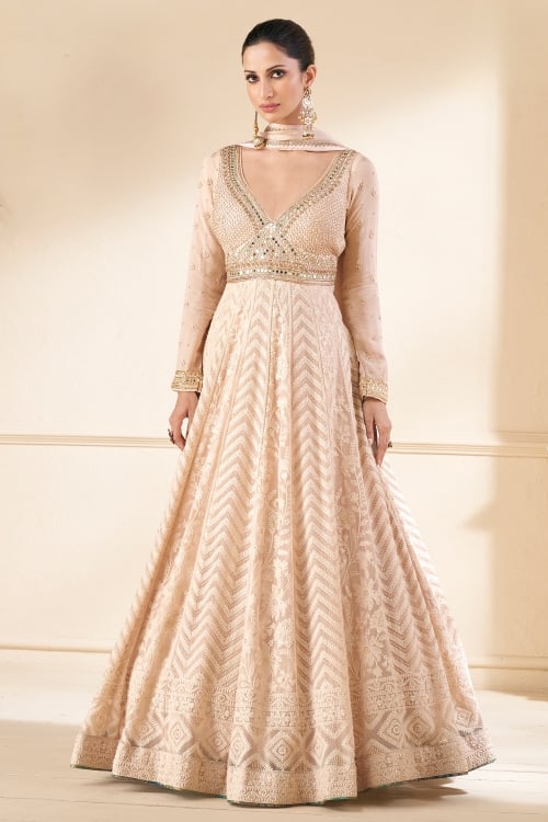 Light Peach Georgette Lucknowi Embroidered V Neckline Anarkali Suit with Mirror Detailling
