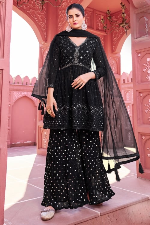 Georgette Sequin Embroidery Sharara Suit