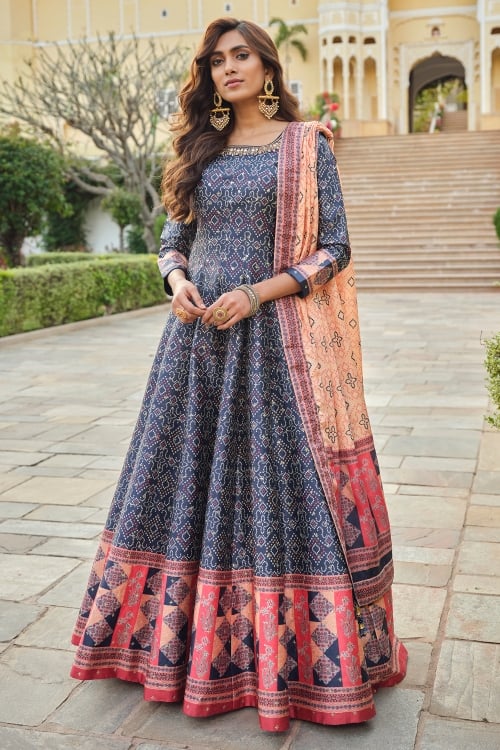 Silk Printed Anarkali Suit with Dupatta and Handworked Neckline