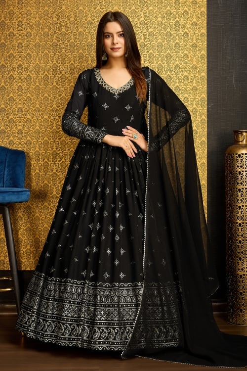 Black Georgette Foil Printed Anarkali Suit