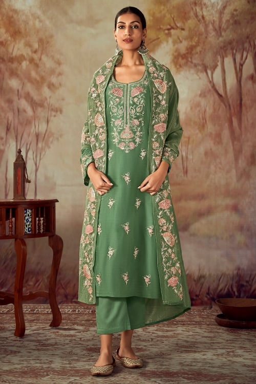 Art Silk Floral Sequinned Embroidered Straight Cut Suit