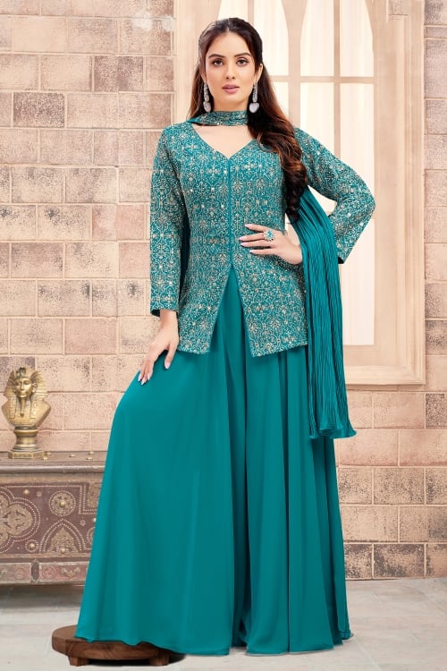 Turquoise Blue Georgette Embroidered Top and Palazzo Set