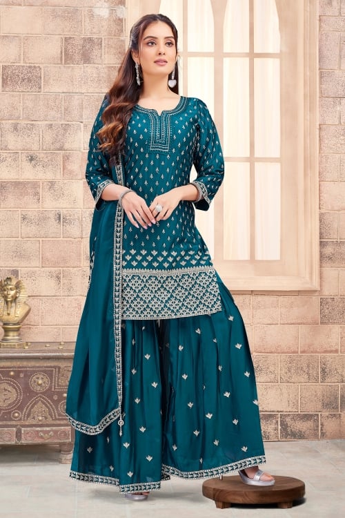 Rama Blue Chinon Embroidered Sequin Sharara Suit