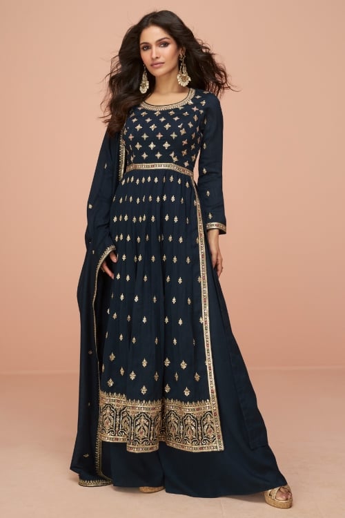 Art Silk Embroidered Straight Cut Palazzo Suit