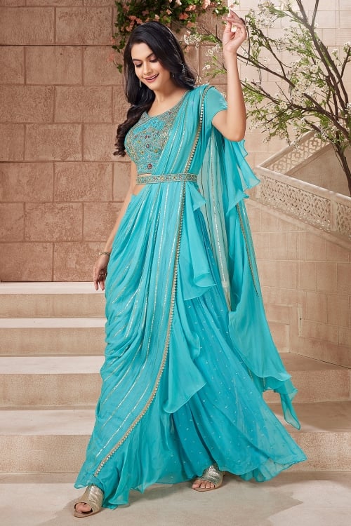 Sky Blue Georgette Crop Top with Palazzo and Attached Ruffle Dupatta