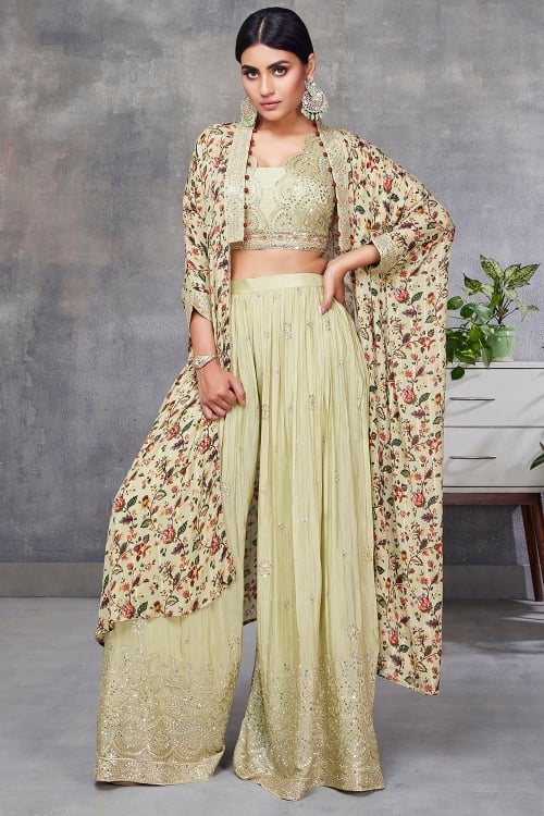 Light Green Sequinned Crop Top Palazzo with Floral Printed Jacket
