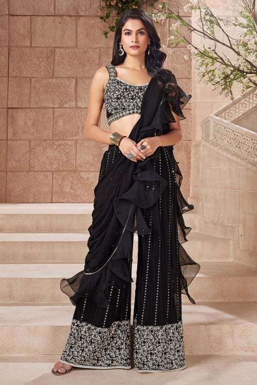 Black Sequinned Crop Top and Palazzo with Ruffle Dupatta