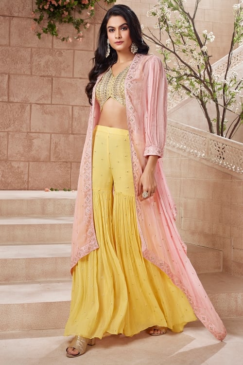 Yellow Georgette Embroidered V Neckline Crop Top Sharara with Jacket