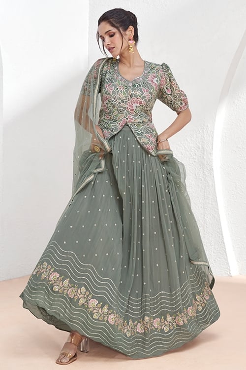 Grey Georgette Floral Printed and Sequin Worked Top and Lehenga Set