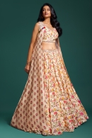 Cream Floral Jaal Printed Crop Top and Lehenga Set in Chinon with Jacket