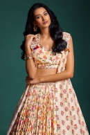 Cream Floral Jaal Printed Crop Top and Lehenga Set in Chinon with Jacket