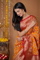 Orange Traditional Patola Woven Saree in Silk with Contrast Border and Pallu