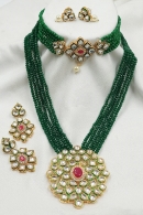 Green Beads and Kundan Necklace Set