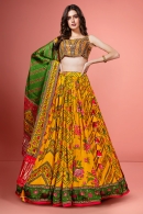Yellow Chinon Printed Flared Lehenga with Floral Motifs