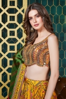 Yellow Chinon Printed Flared Lehenga with Floral Motifs