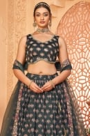Black Pleated Lehenga in Chinon with Floral Motifs