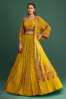 Mustard Georgette Floral Embroidery Butti Lehenga and Crop Top Set with Jacket