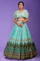 Light Blue Tie Dye Chinon Pleated Lehenga and Crop Top Set with Drape on The Shoulder