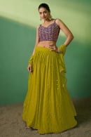 Olive Green Flared Lehenga in Georgette with Sequins