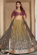 Olive Green Shaded Flared Lehenga in Crepe with Floral Foil Printed Motifs