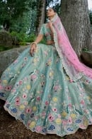 Mint Blue Viscose Sequinned Embroidery Floral and Bird Motifs Lehenga