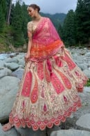 Cream Paisley and Peacock Motifs Lehenga in Viscose with Layered Scallop Border